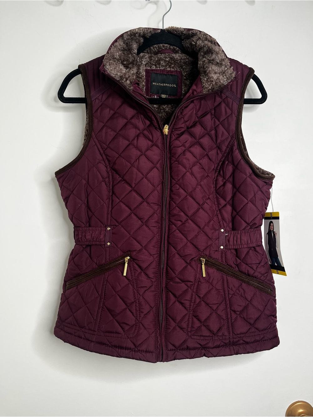 NWT Weatherproof Quilted Faux-Fur Collar Vest in Burgundy Small Cabincore